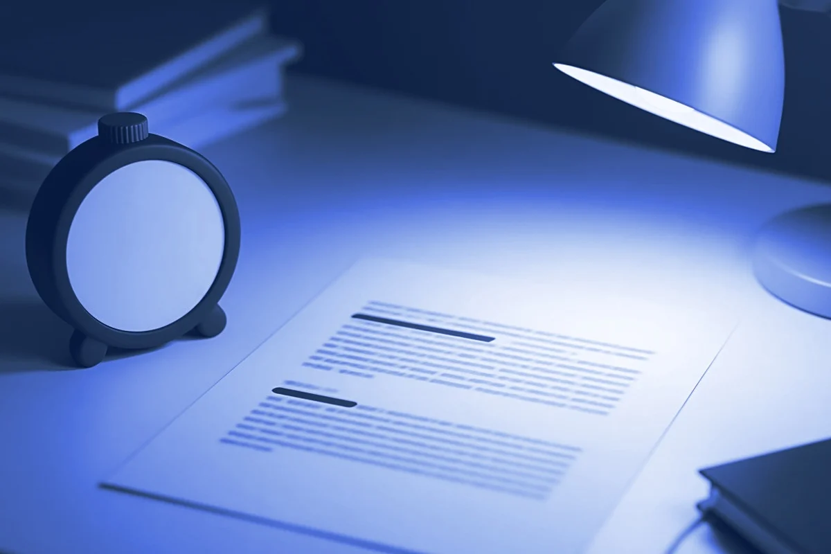 A kitchen timer, a printed page with two short paragraphs marked in pen, and a reading lamp on a desk, for practising the DataAnnotation Starter Assessment