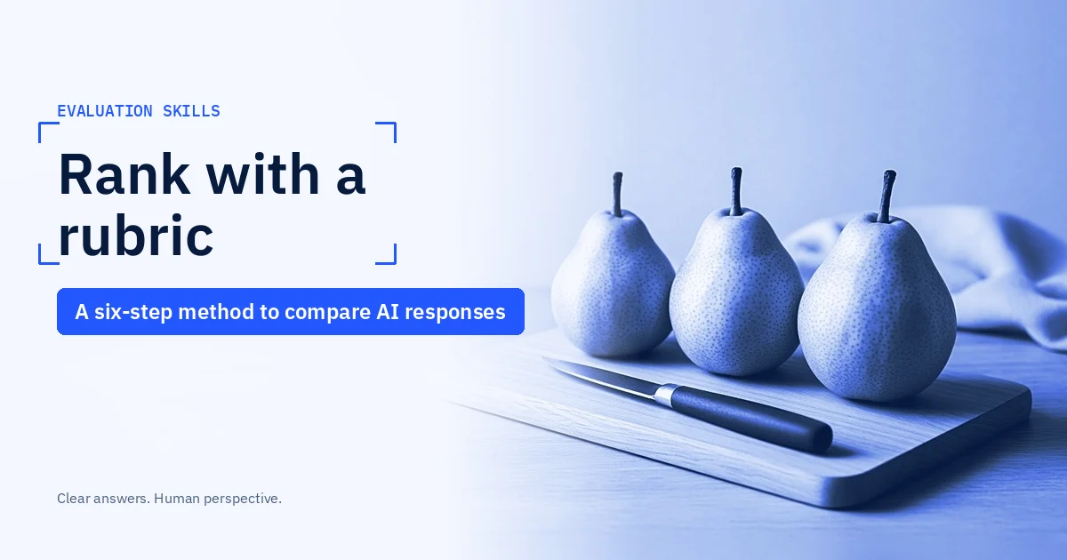 Title card for the guide on how to rank AI responses with a rubric in six steps