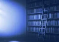 A library bookcase with a rolling ladder and plain spines, for legal AI trainer jobs