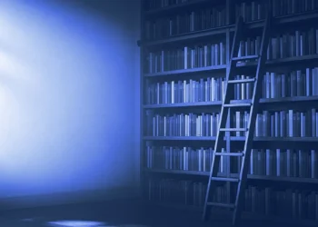 A library bookcase with a rolling ladder and plain spines, for legal AI trainer jobs