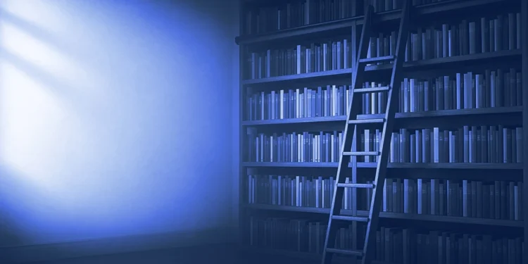 A library bookcase with a rolling ladder and plain spines, for legal AI trainer jobs