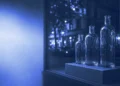 Three unlabelled bottles in a shop window display, for marketing AI trainer jobs