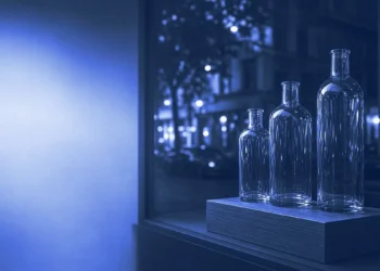 Three unlabelled bottles in a shop window display, for marketing AI trainer jobs