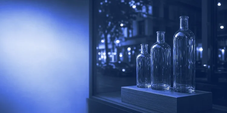 Three unlabelled bottles in a shop window display, for marketing AI trainer jobs