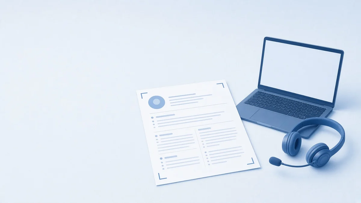 Illustration for this Mercor application process guide: a printed one-page resume beside a laptop and a headset on a desk, with thin blue corner brackets around the resume