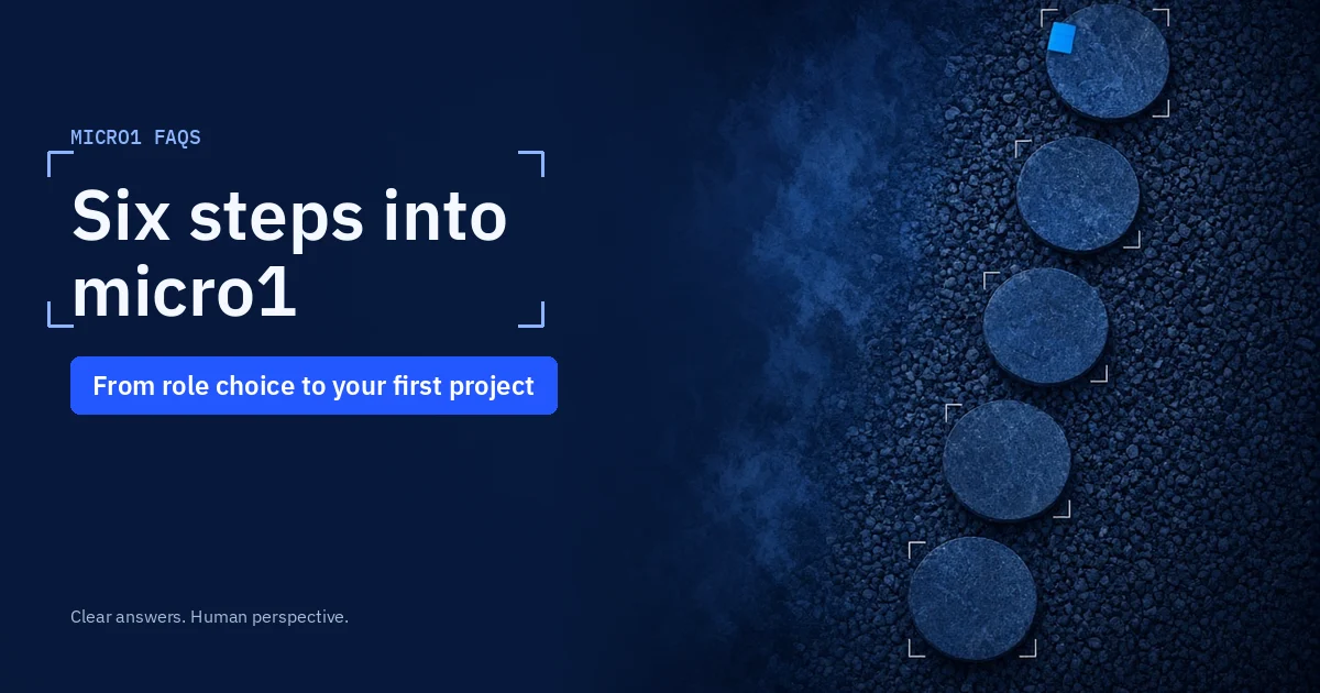 Cover with the headline Six steps into micro1, beside a blue duotone photo of a line of round stepping stones