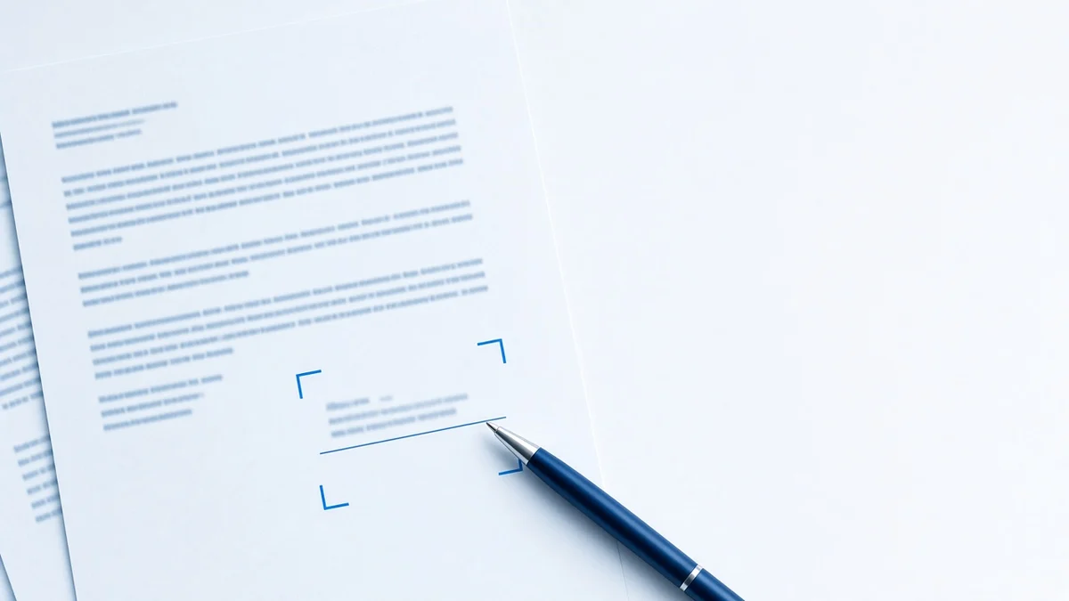 Illustration for this micro1 referral program guide: a printed terms document with a pen resting on the signature line, with thin blue corner brackets around the pen