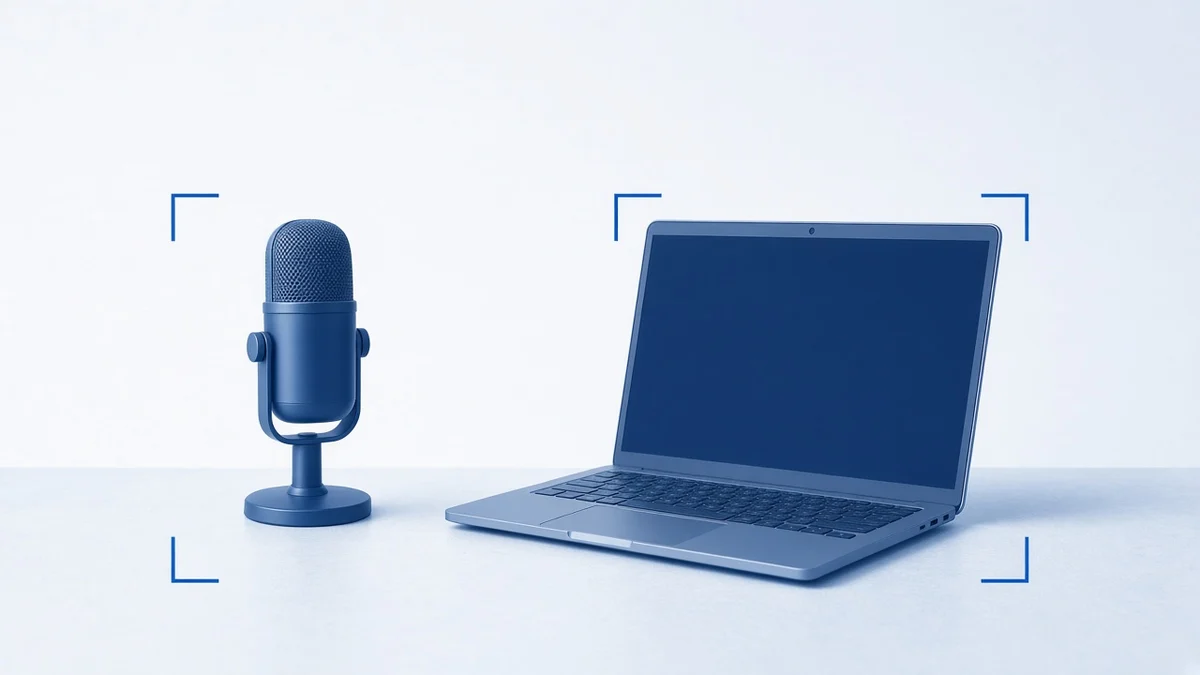 Illustration for this micro1 vs Mercor comparison: a desk microphone and a laptop webcam side by side on a desk, with thin blue corner brackets around each device