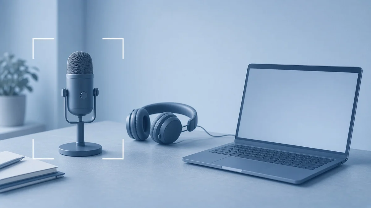 Illustration for this micro1 Zara interview guide: a desk microphone and a pair of headphones beside a laptop in a quiet room, with thin blue corner brackets around the microphone