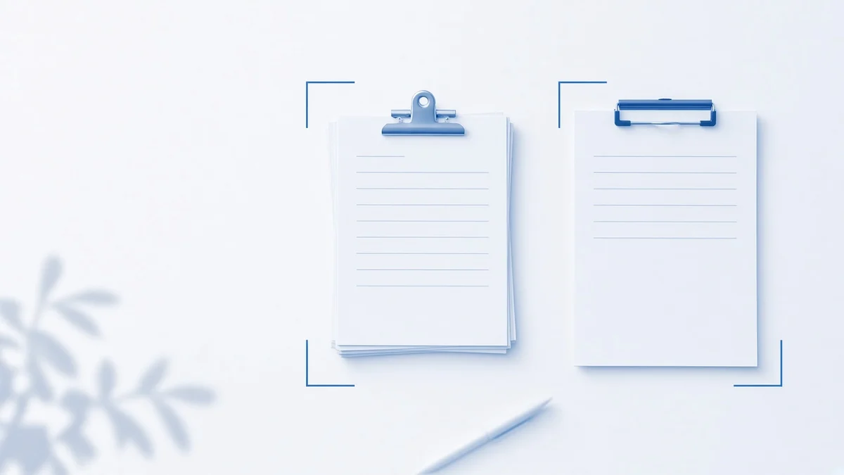 Illustration for this Outlier vs DataAnnotation comparison: two clipboards side by side on a desk, one with several short forms and one with a single long form, with thin blue corner brackets around each