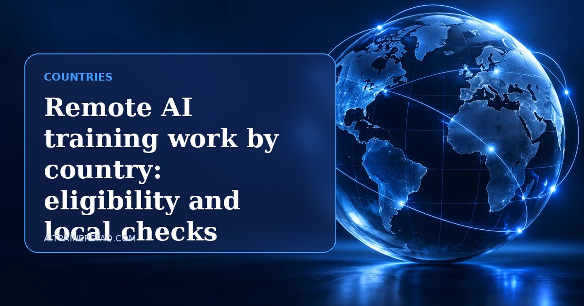 Navy and electric blue glass panel with the title Remote AI training work by country: eligibility and local checks