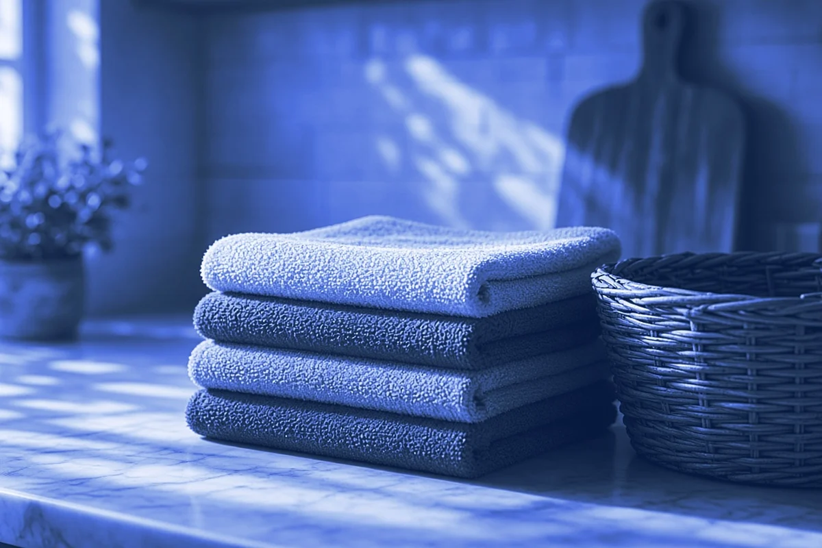 A neatly folded stack of towels and a wicker basket on a kitchen counter in soft morning light, for robotics data collection jobs